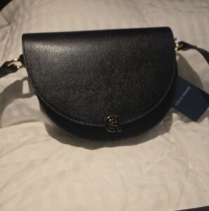 Cole Haan Black Pebbled Leather Crescent Crossbody with Gold Hardware